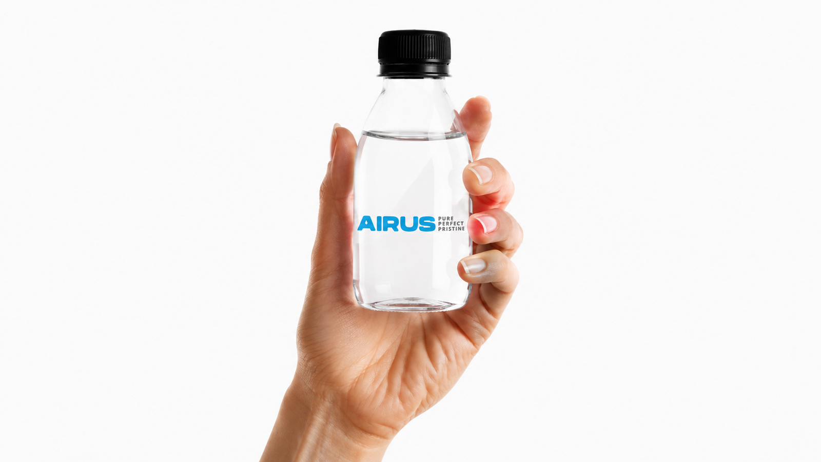 Hand holding Airus water bottle with blue logo label