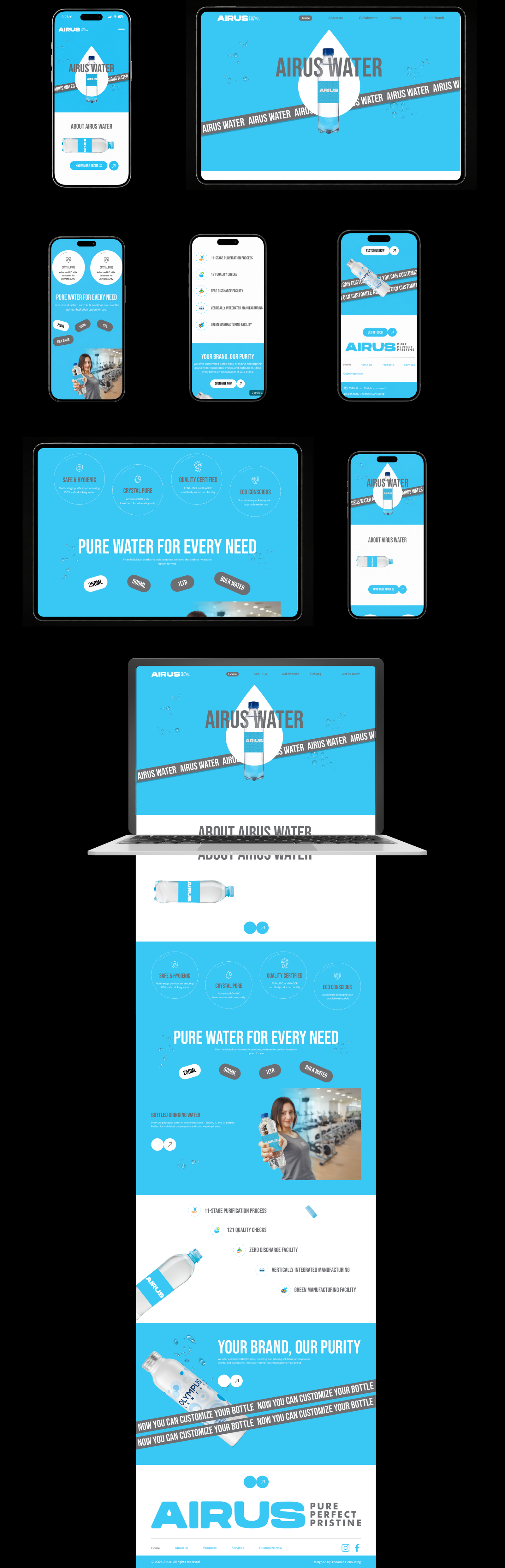 Airus website UI on phones and tablets, with full page scroll on a laptop