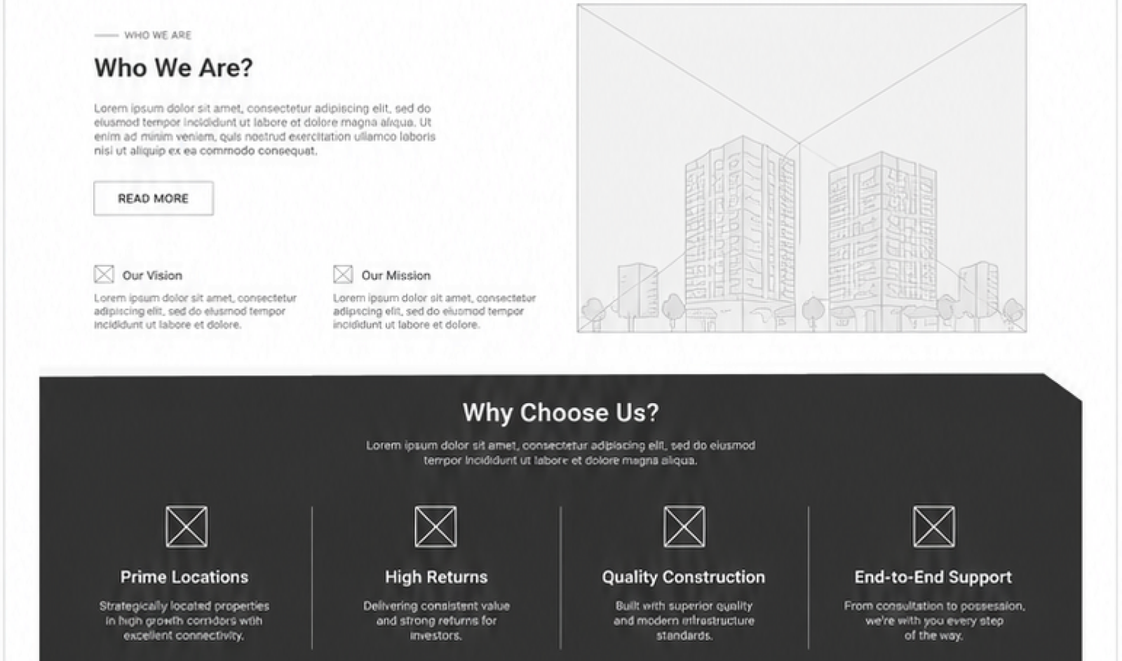 Website wireframe — multi-column content blocks