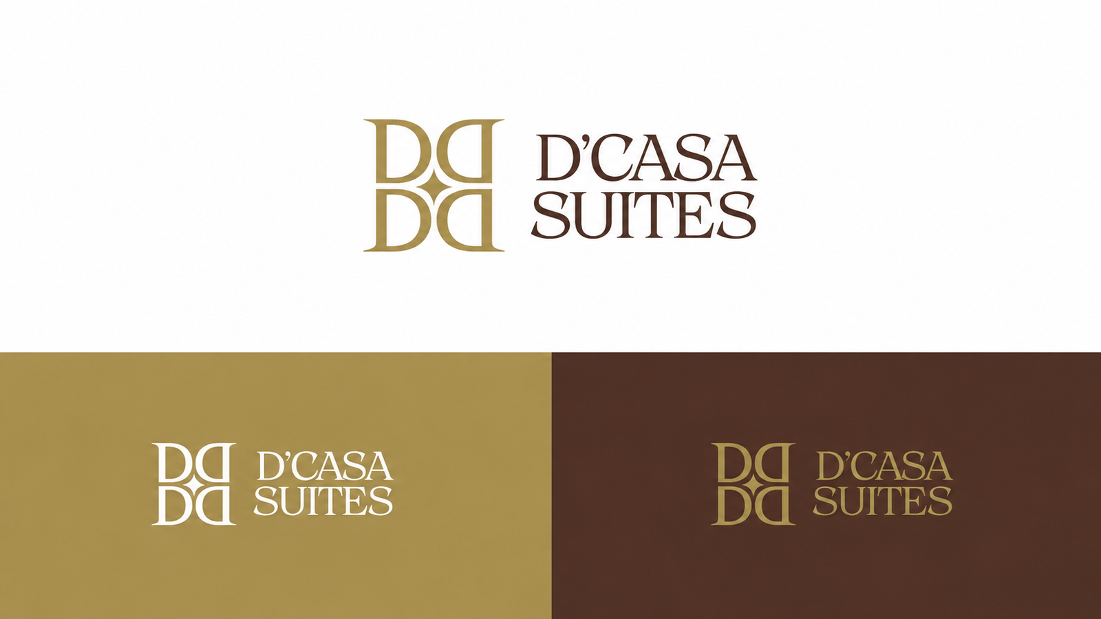 D'CASA Suites logo on white, gold, and brown backgrounds