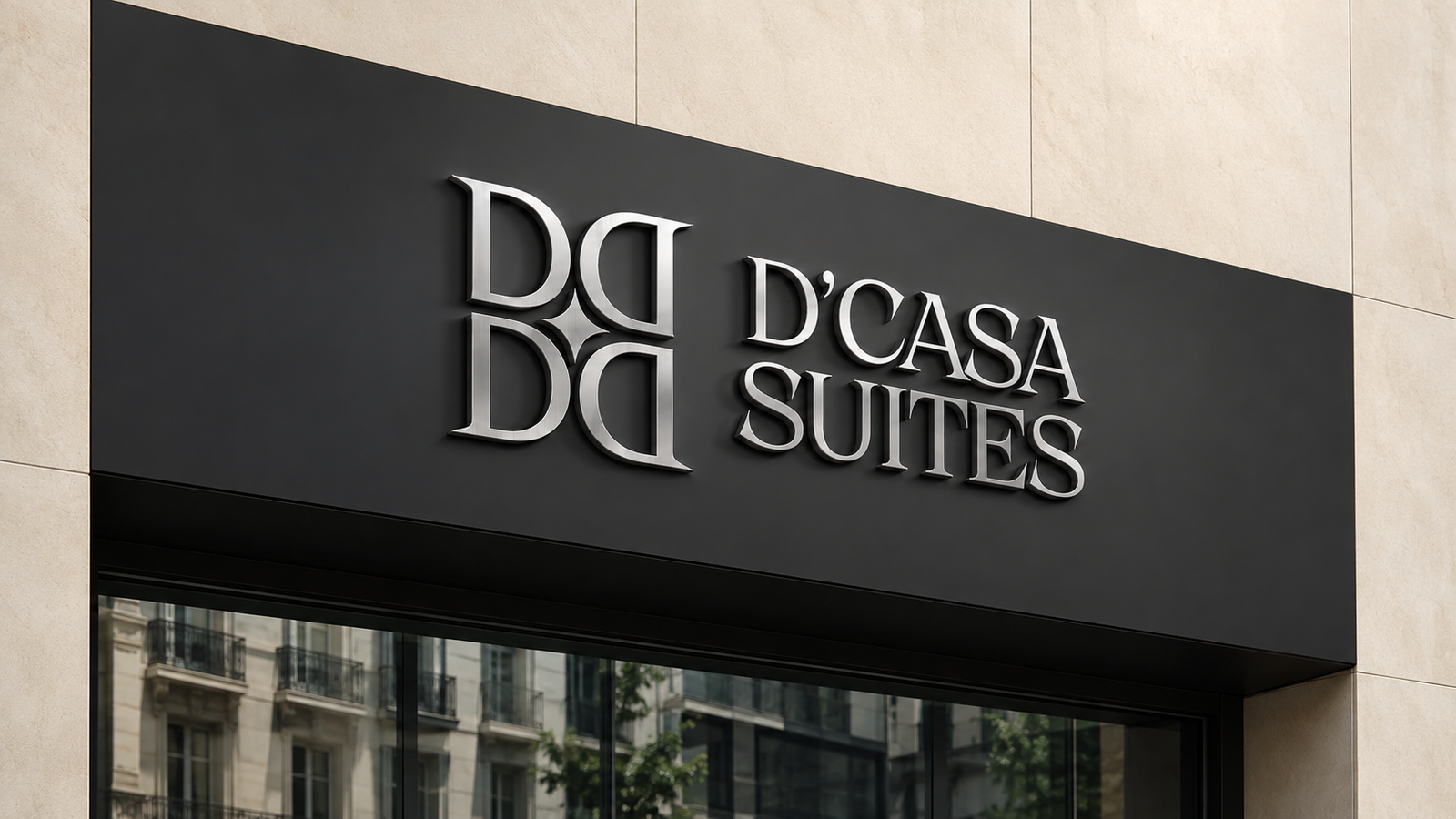 D'CASA Suites metallic exterior signage on building facade