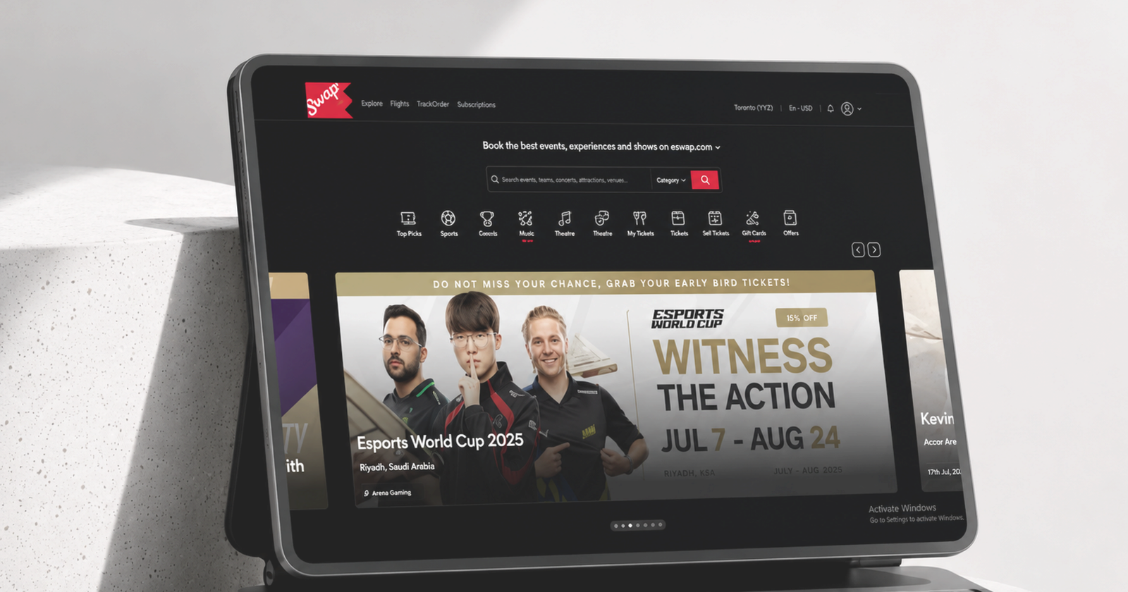 Eswap website on a tablet — Esports World Cup interface
