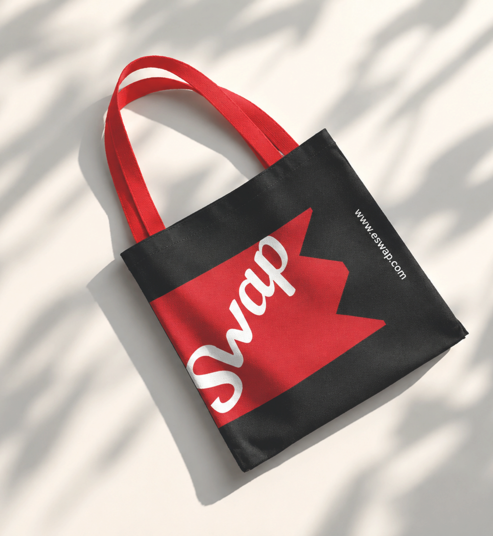 Black Eswap tote bag with red handles and logo print
