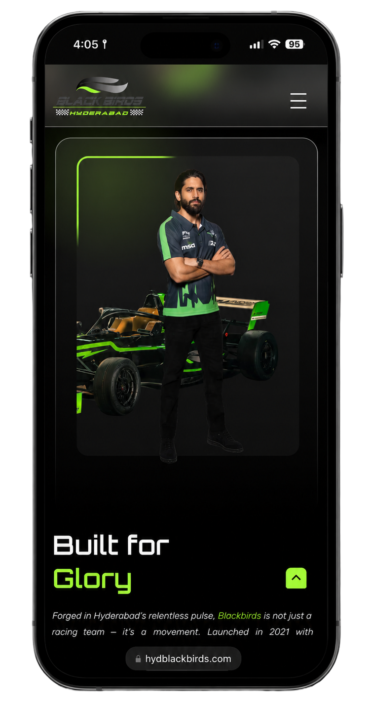 HBB mobile UI — home hero with racing car