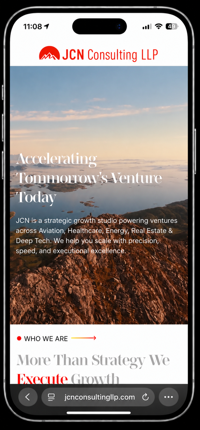 JCN mobile UI — red hero with mountain climber