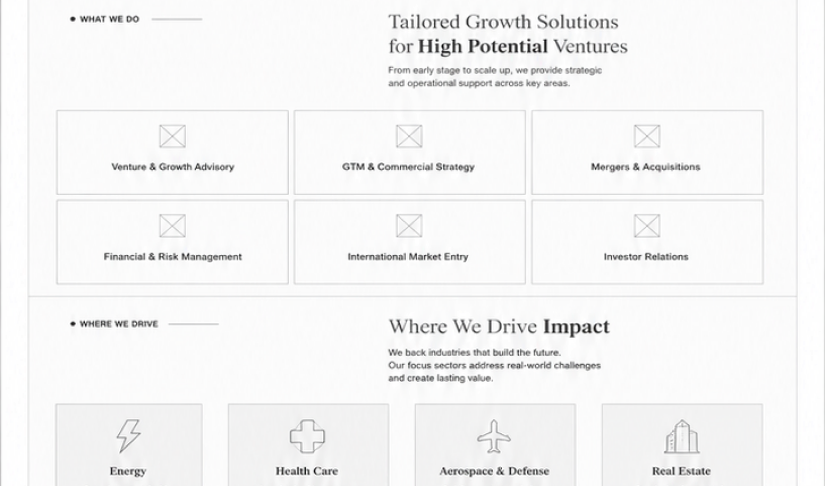 Website wireframe — multi-column content blocks