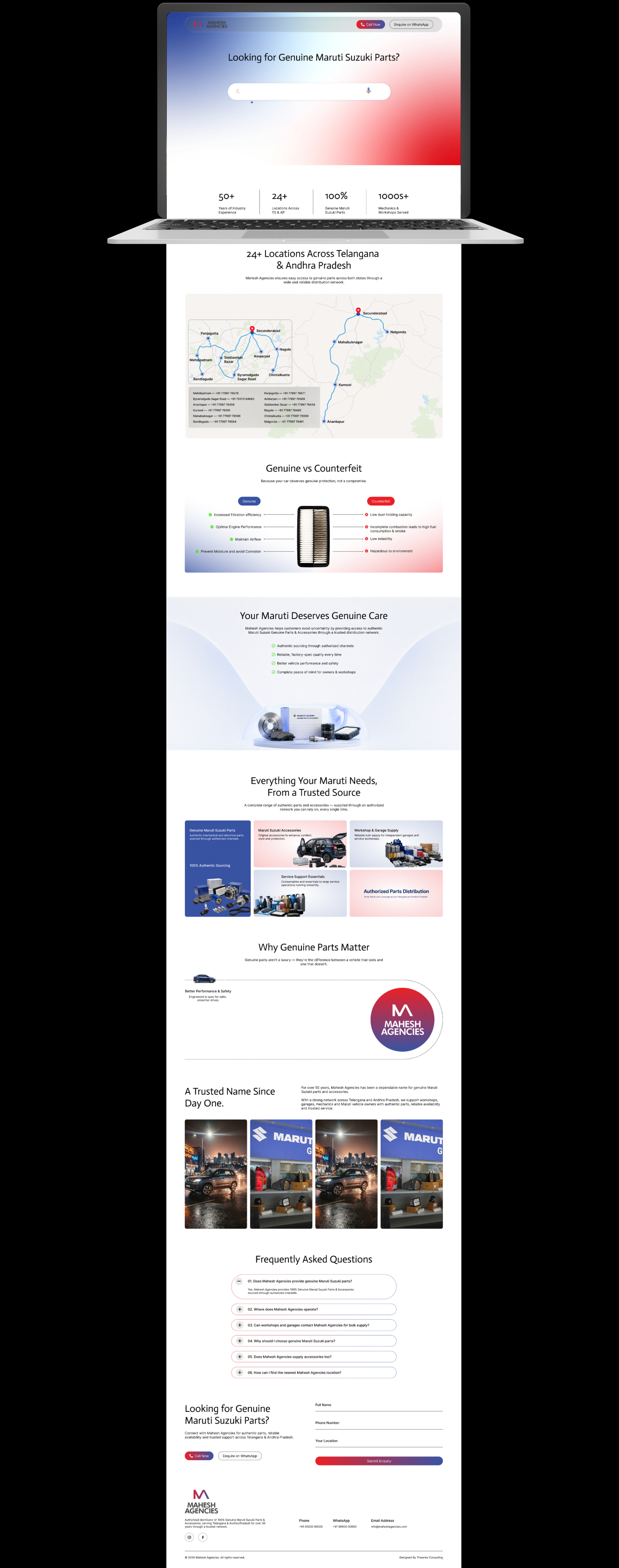 Mahesh Agencies website on a laptop with continuing page scroll