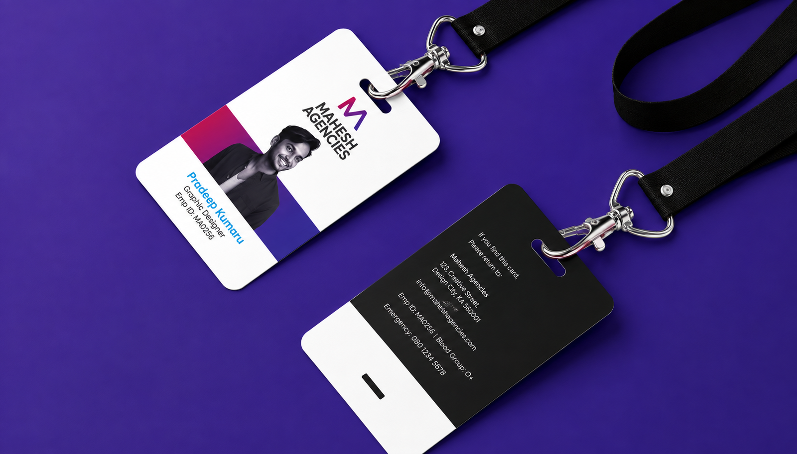 Mahesh Agencies employee ID badges with lanyards