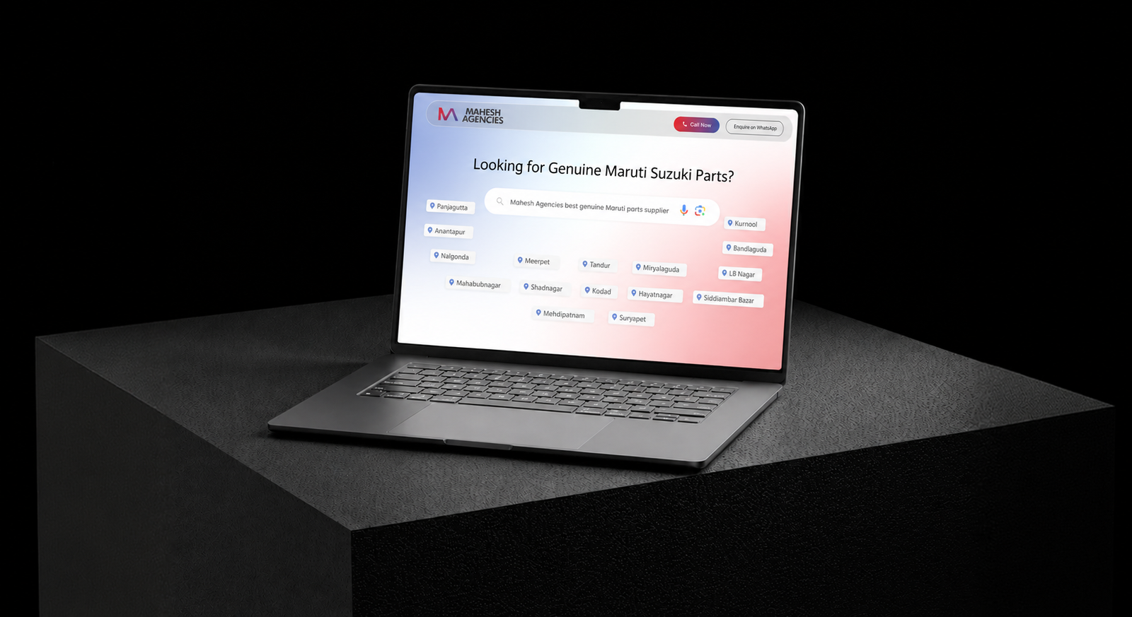Mahesh Agencies website shown on a laptop device