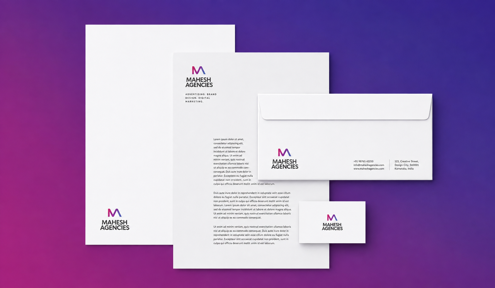 Mahesh Agencies stationery — letterhead, envelope, and business card