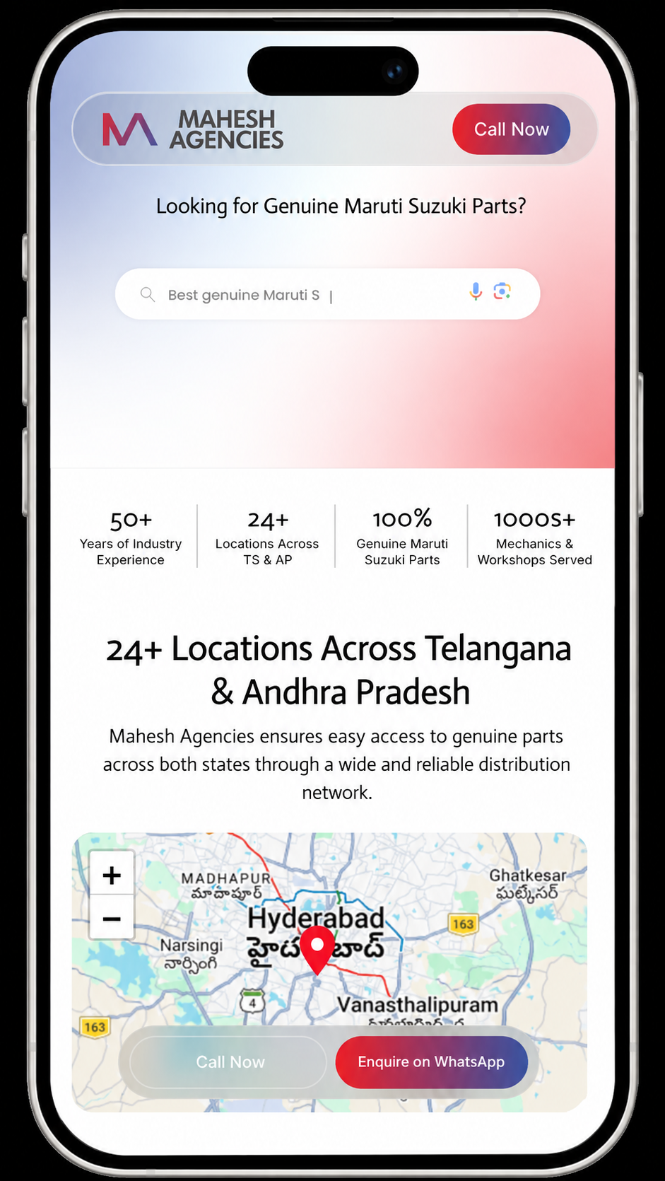 Mahesh Agencies mobile UI — home search