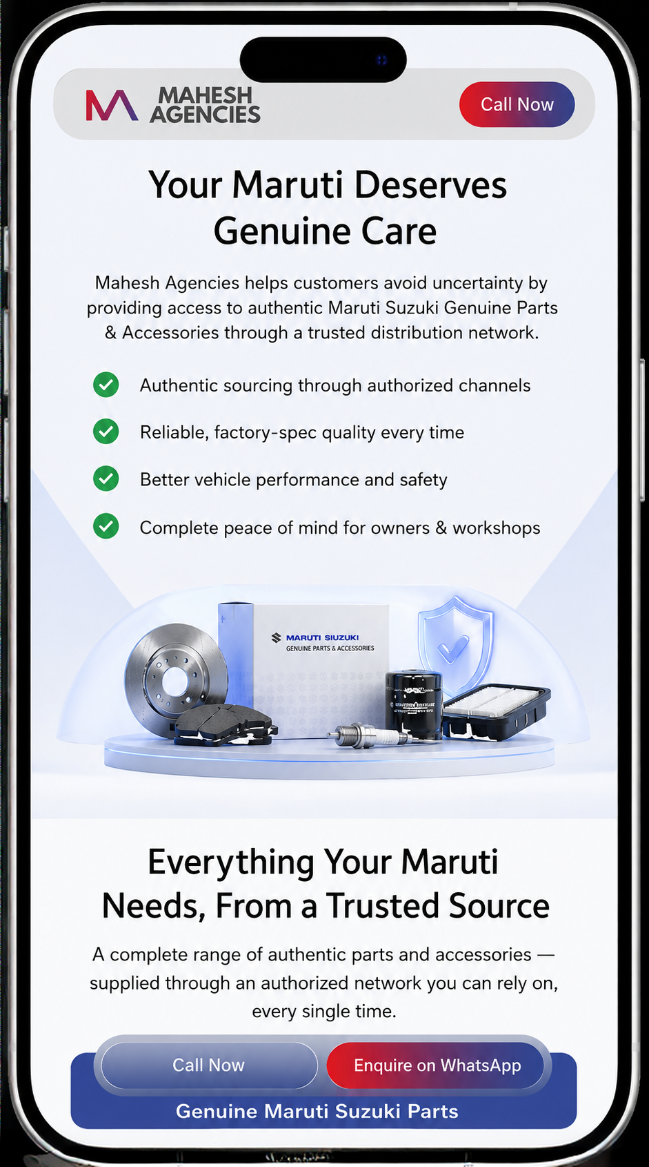 Mahesh Agencies mobile UI — genuine parts