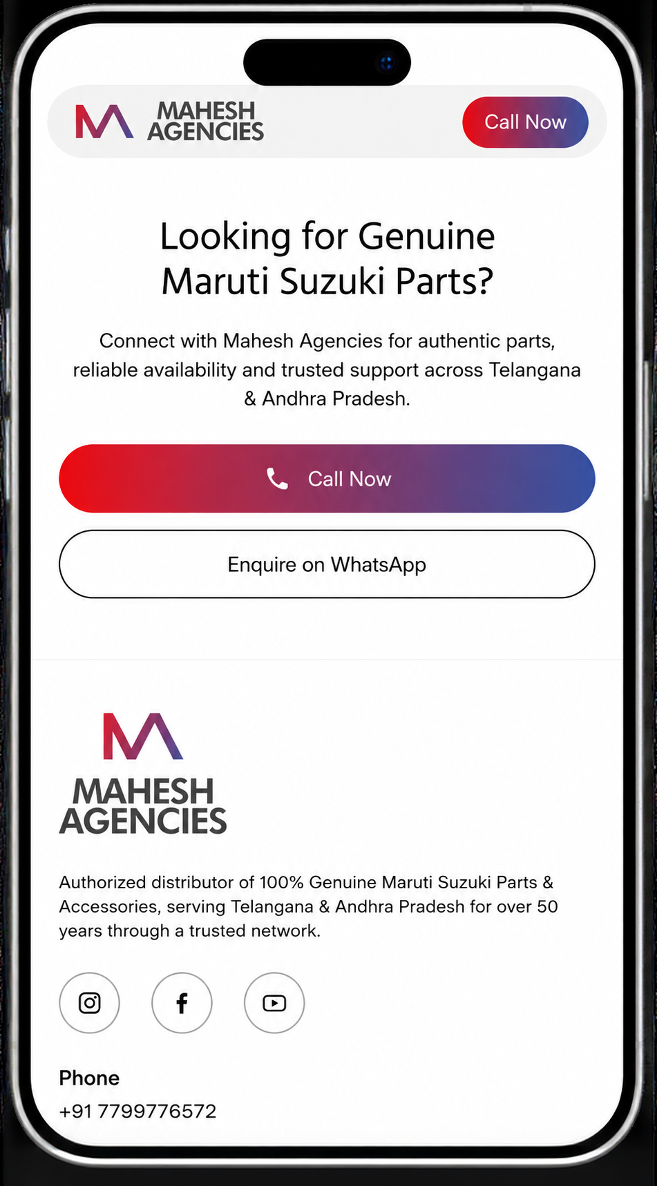 Mahesh Agencies mobile UI — contact
