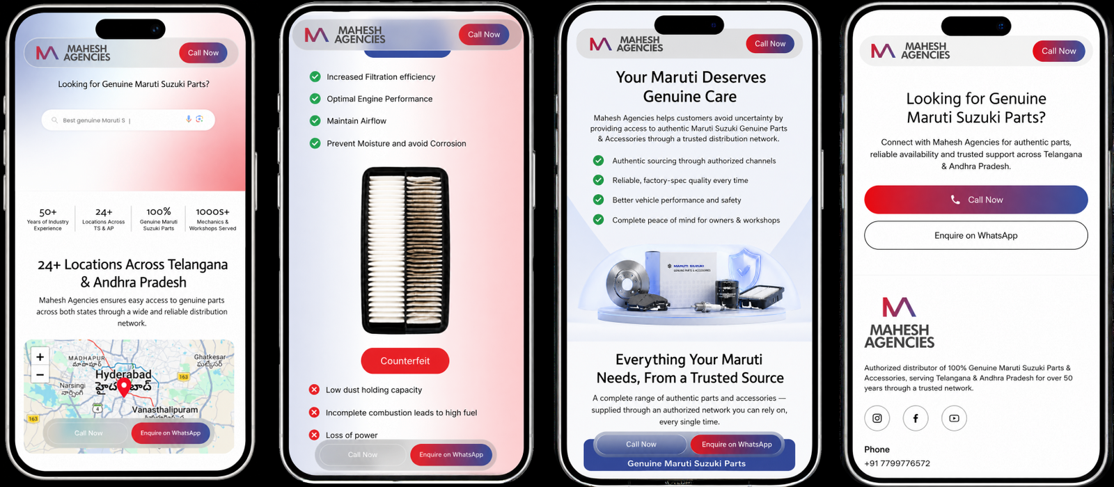 Mahesh Agencies mobile UI screens on four phones