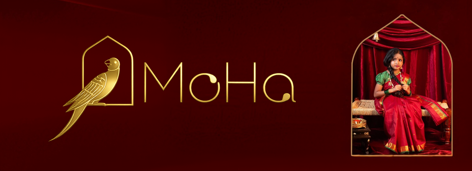 MoHa brand identity — gold logo and lifestyle portrait on burgundy