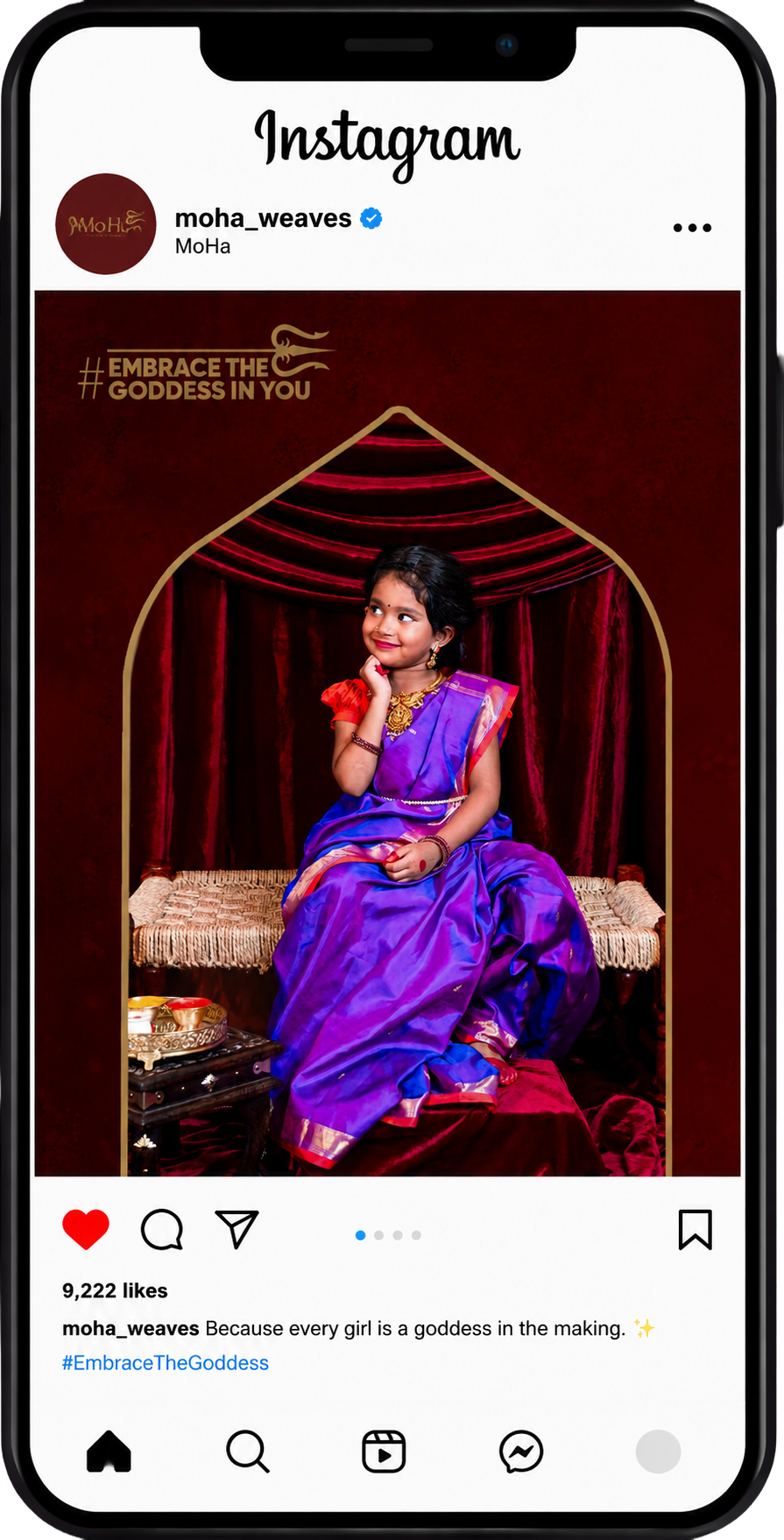 MoHa Instagram feed on phone — Embrace the goddess in you
