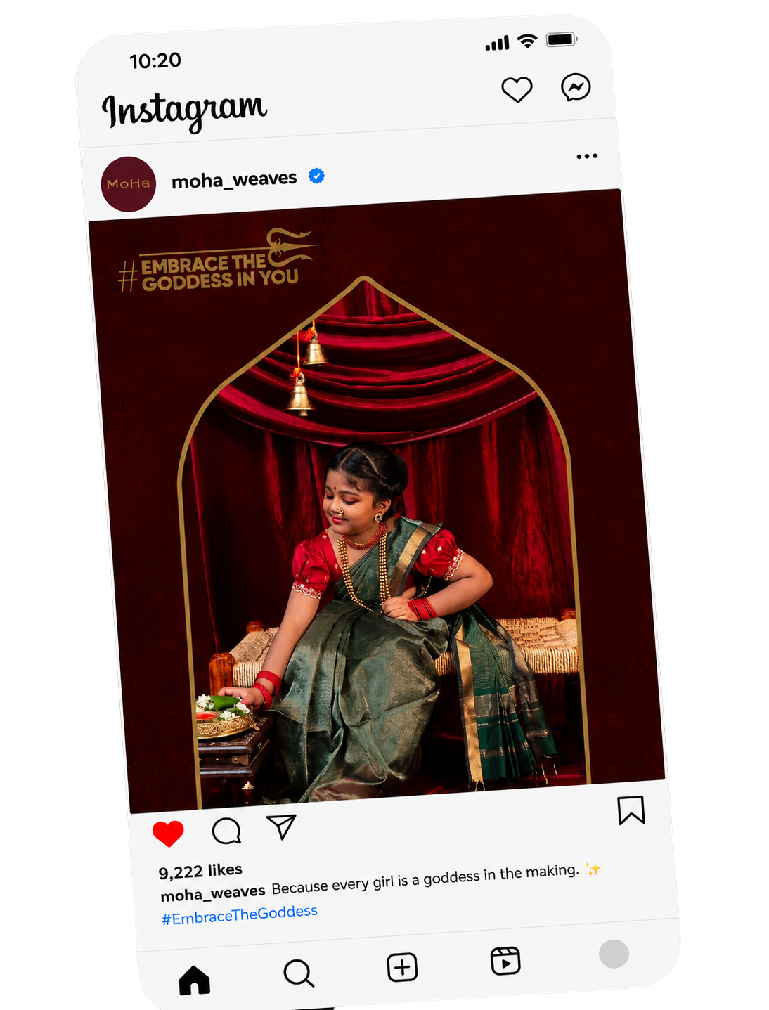 MoHa Instagram post — girl in green saree, Embrace the goddess in you