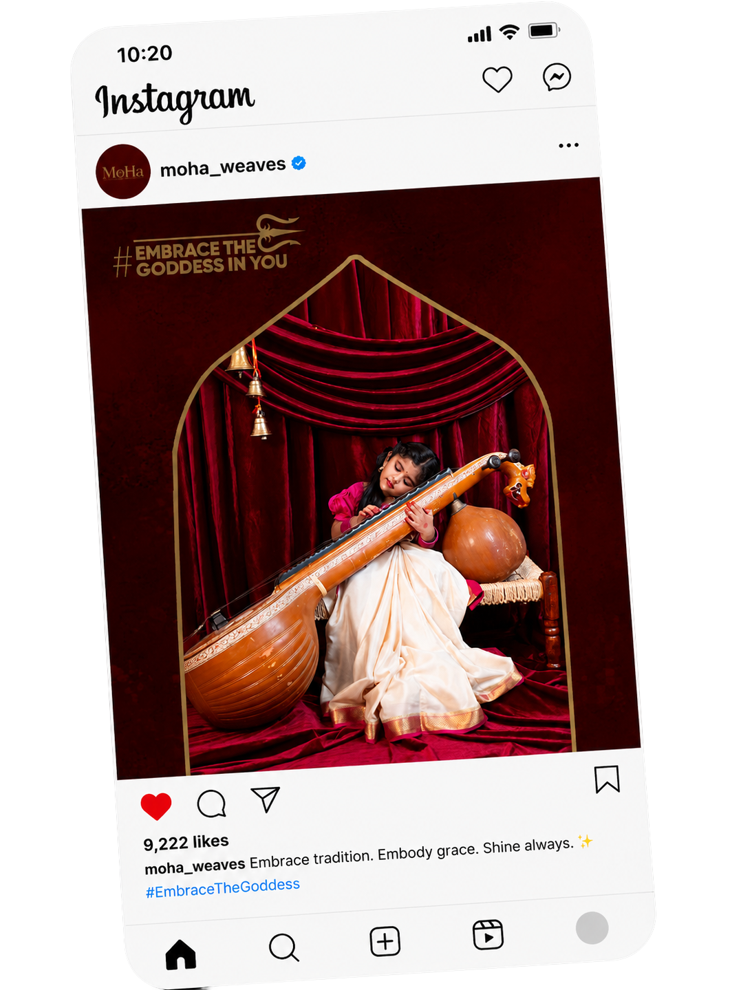MoHa Instagram post — girl in white saree with veena