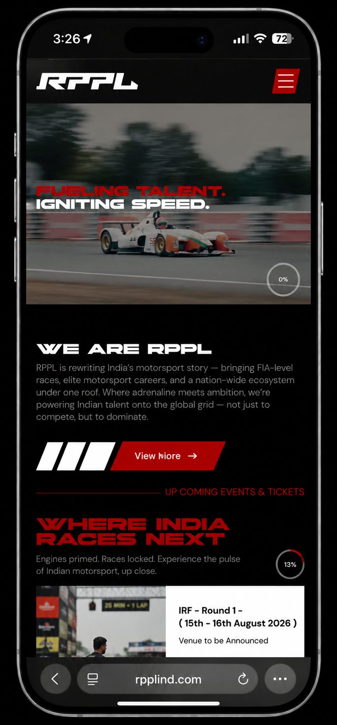RPPL mobile UI — home hero with racing car