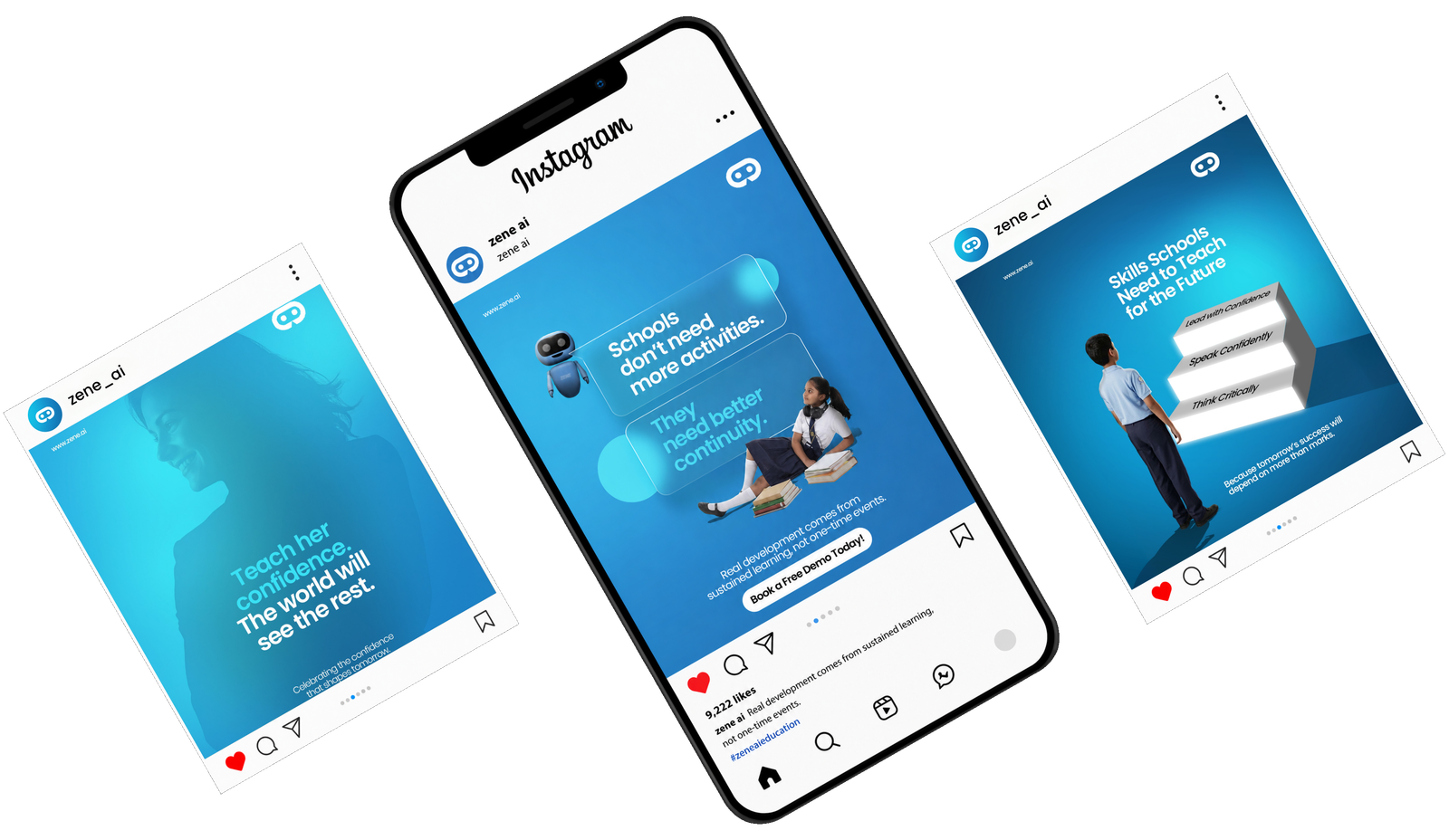 Zene AI Instagram posts fanned around a phone mockup