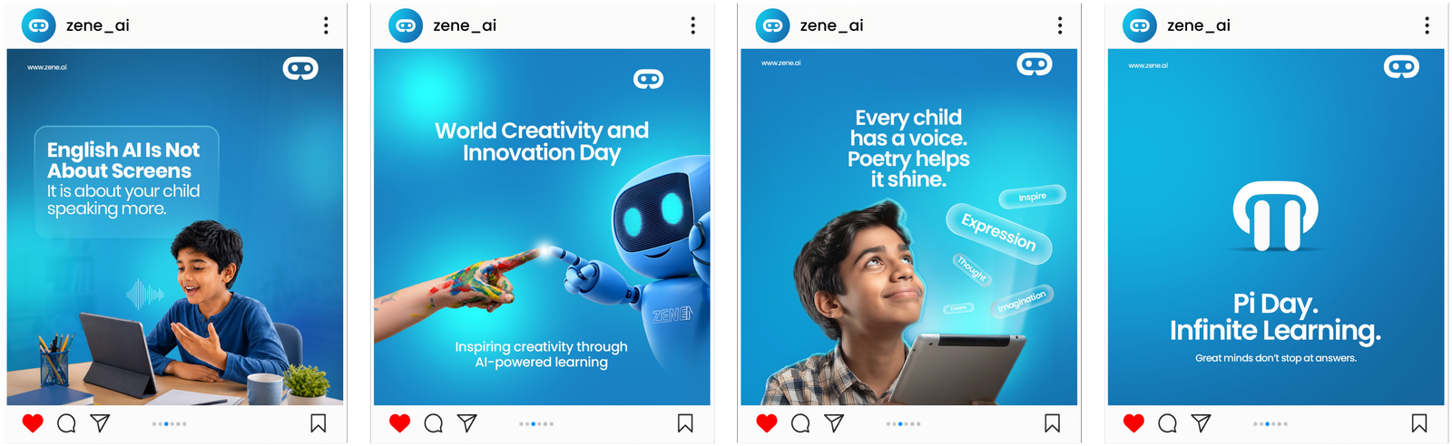 Zene AI Instagram feed mockups — four creatives