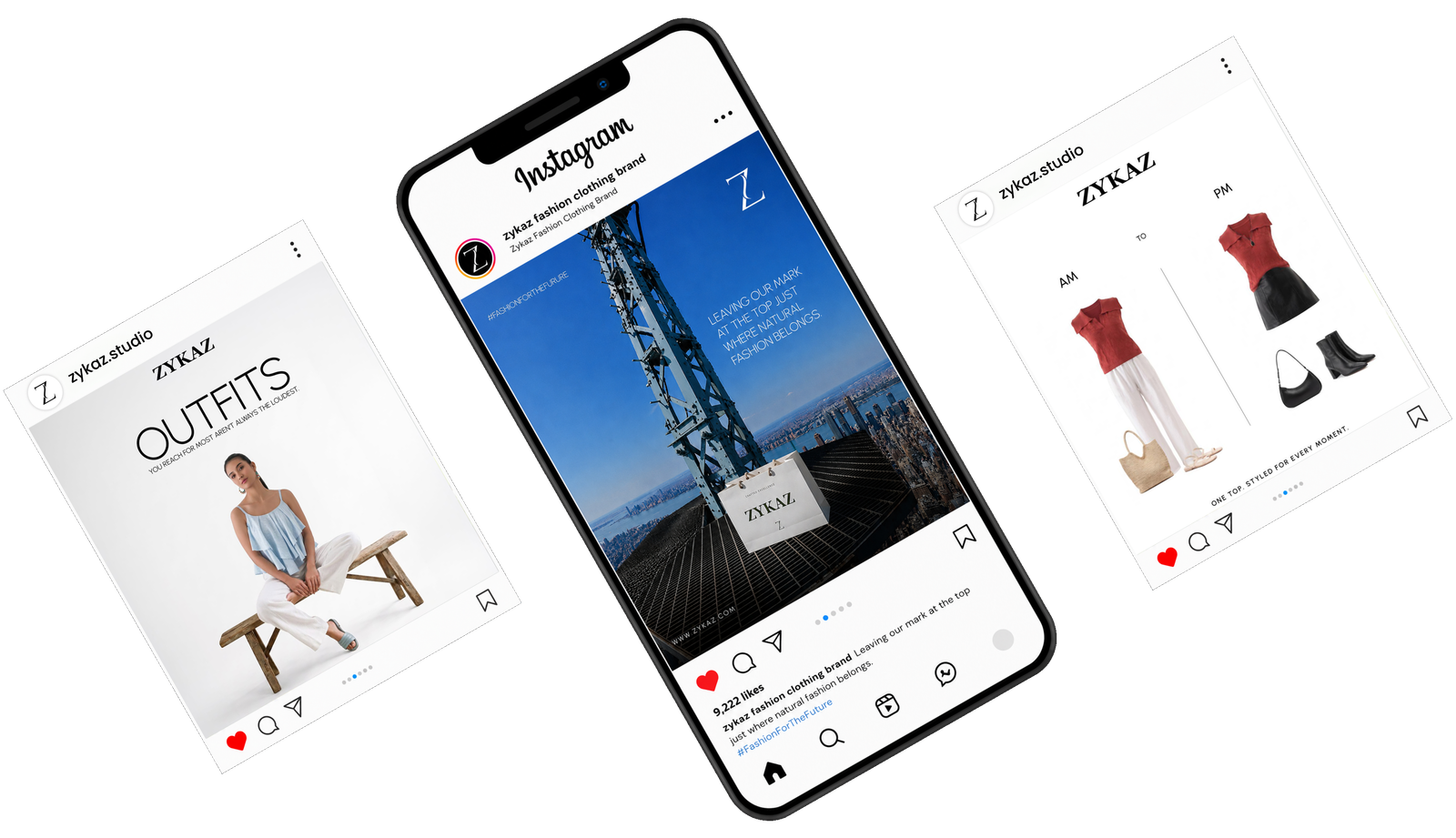 Zykaz Instagram posts fanned around a phone mockup