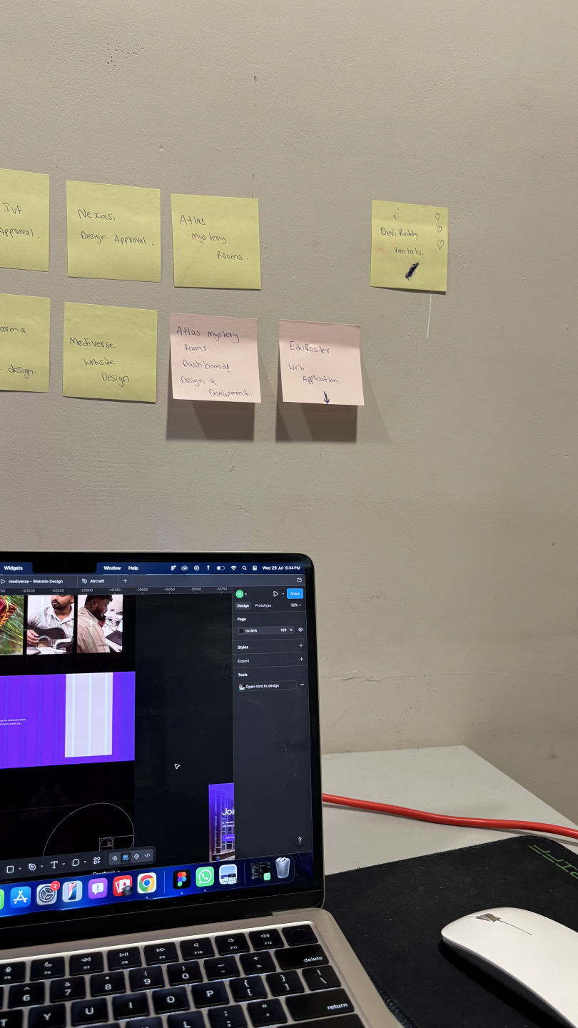 Theories workspace — laptop and sticky notes on the wall